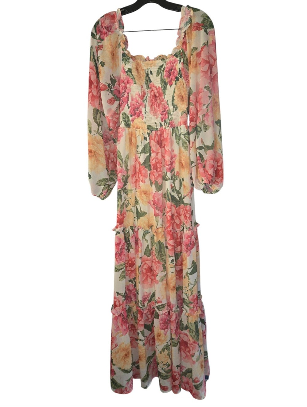 Flying Tomato, Floral Maxi Dress with Smocked Bodice - Pink & Yellow